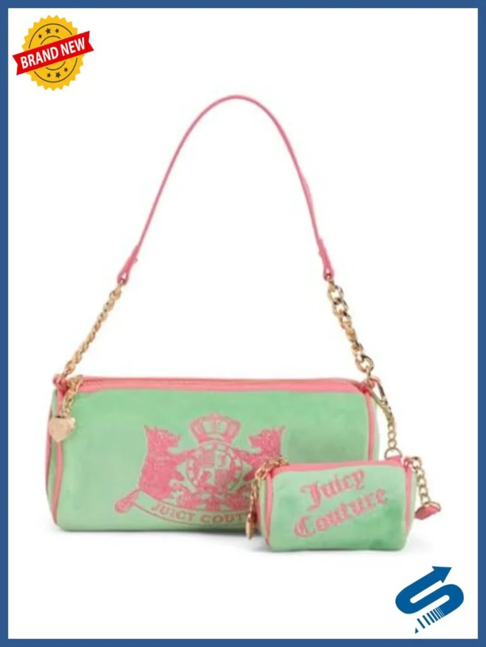 Velour Barrel Satchel with Gold-Tone Chain Strap and Mini Pouch